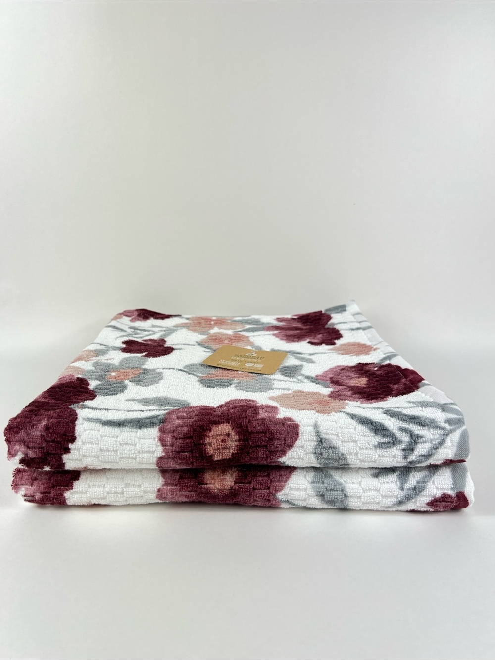 Deborah Connolly Bath Towel Set Burgundy Gray White Floral Extra Soft 2 Pc NEW